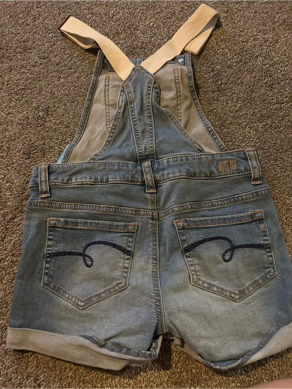 Justice Light Blue Denim Short Overalls with Cream Straps